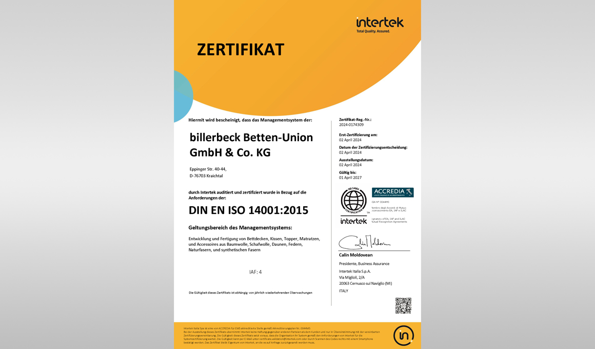 billerbeck Zertifikat Umweltmanagementsystem DIN ISO 14001