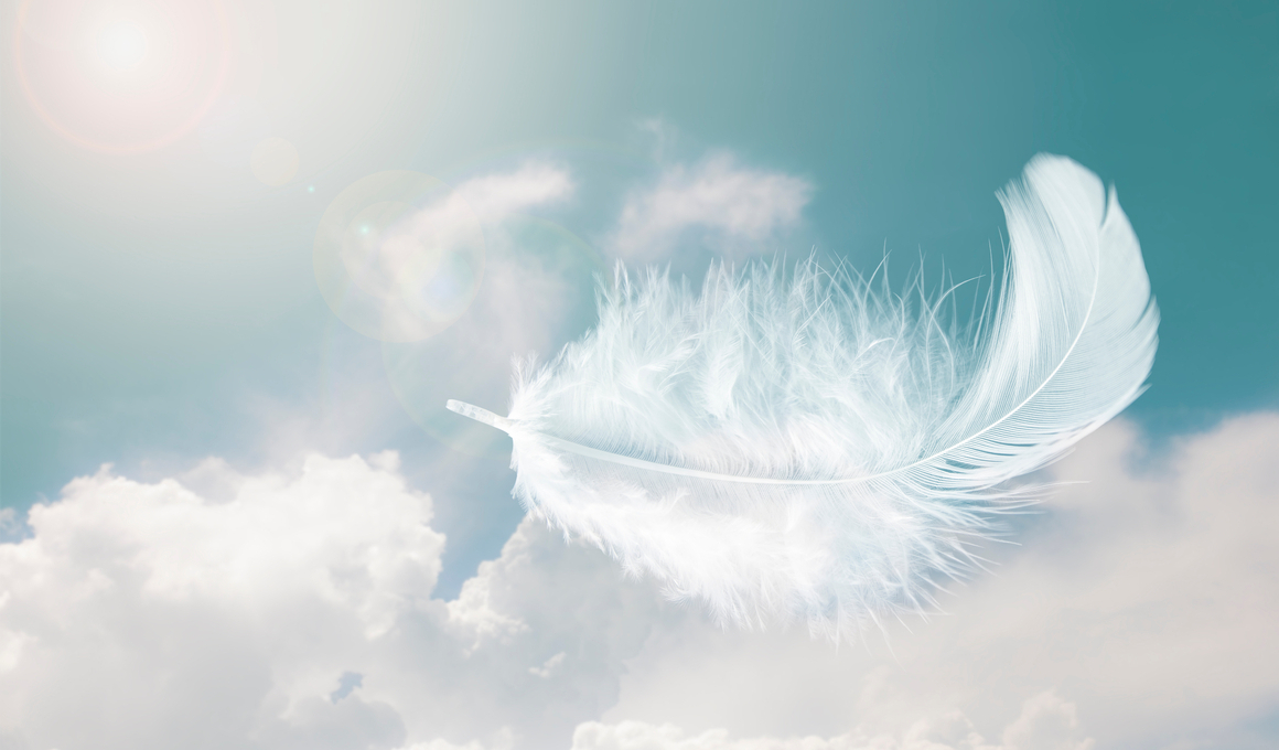 Schwebende weiße Daunenfeder vor blauem Himmel mit Sonnenlicht und Wolken – Symbol für die sanfte und professionelle Reinigung von Daunen-Duvets durch den billerbeck-Service.