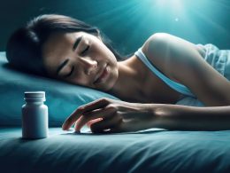 Frau schläft neben einer Melatonin-Dose – Symbolbild für die Wirkung von Melatonin als natürliches Schlafmittel zur Unterstützung eines gesunden Schlafrhythmus.