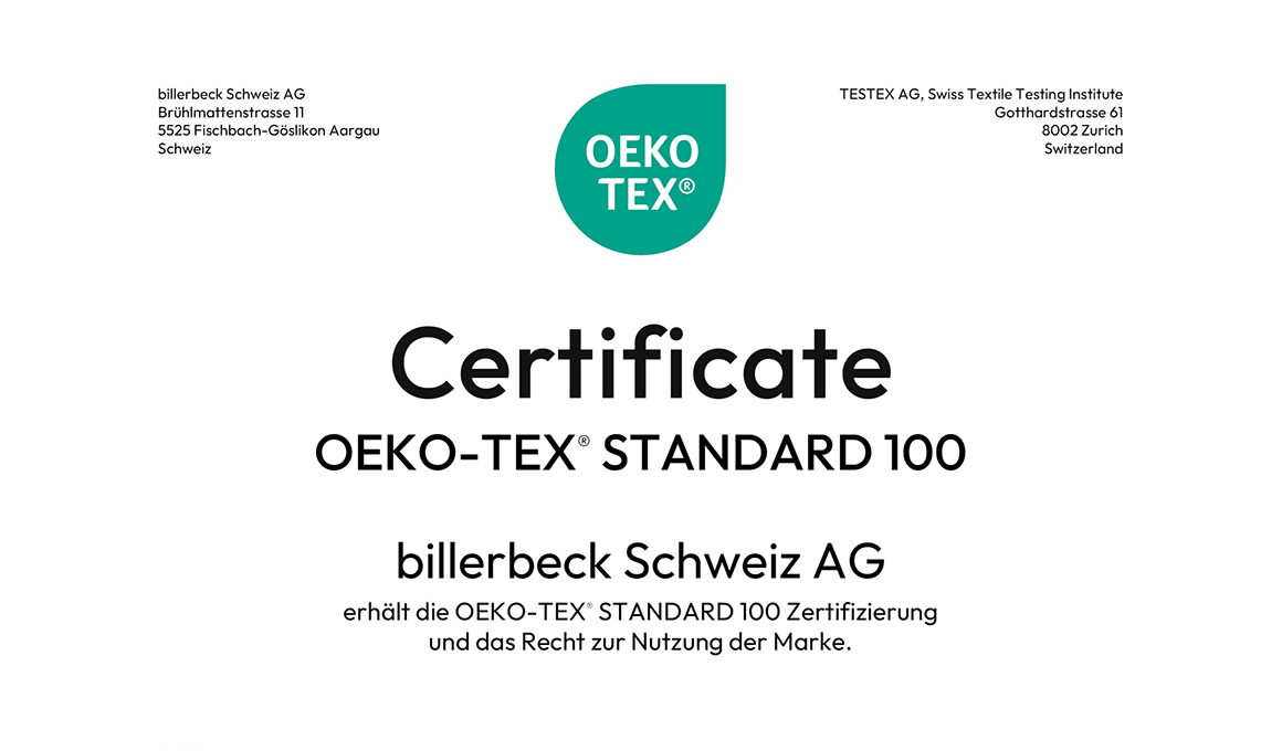 OEKO-TEX STANDARD 100 Zertifizierung der billerbeck Schweiz AG.