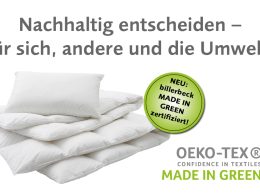 Weiße Duvets und Kissen mit OEKO-TEX® MADE IN GREEN Label – Hinweis auf die nachhaltige und umweltfreundliche Produktion bei billerbeck Schweiz AG.