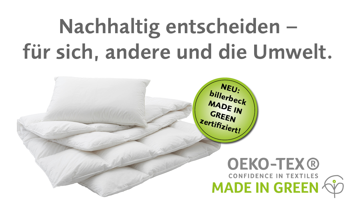 Weiße Duvets und Kissen mit OEKO-TEX® MADE IN GREEN Label – Hinweis auf die nachhaltige und umweltfreundliche Produktion bei billerbeck Schweiz AG.