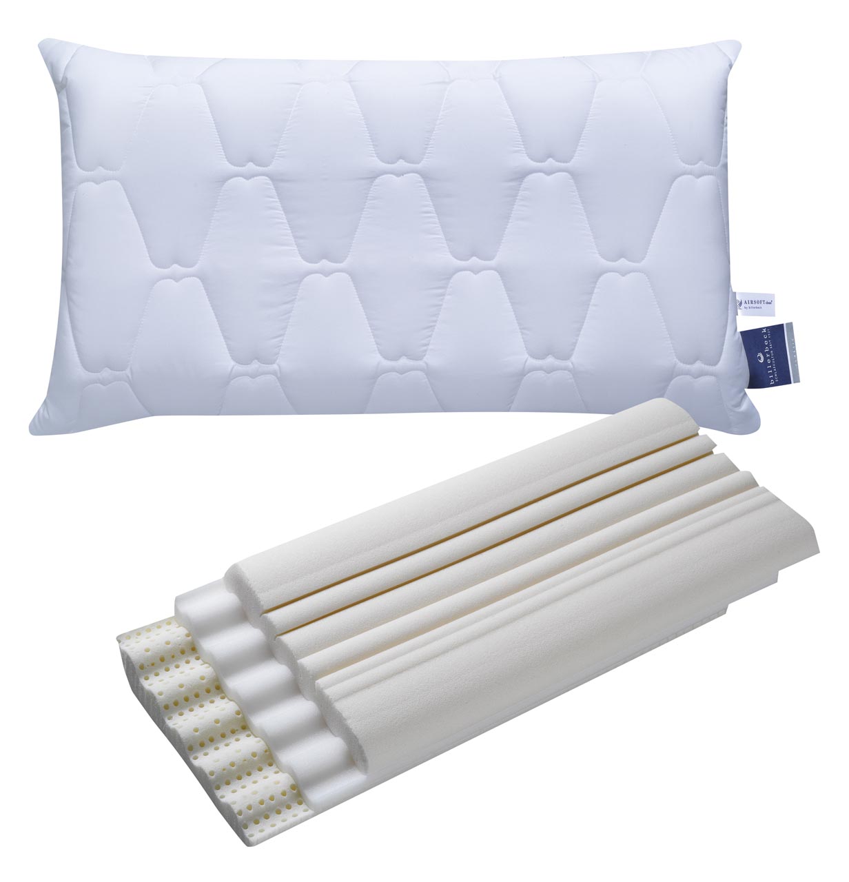 Neck pillow NOVUM 40 x 80 cm billerbeck neck support pillow Novum with cover and in front of it the 3-layer core