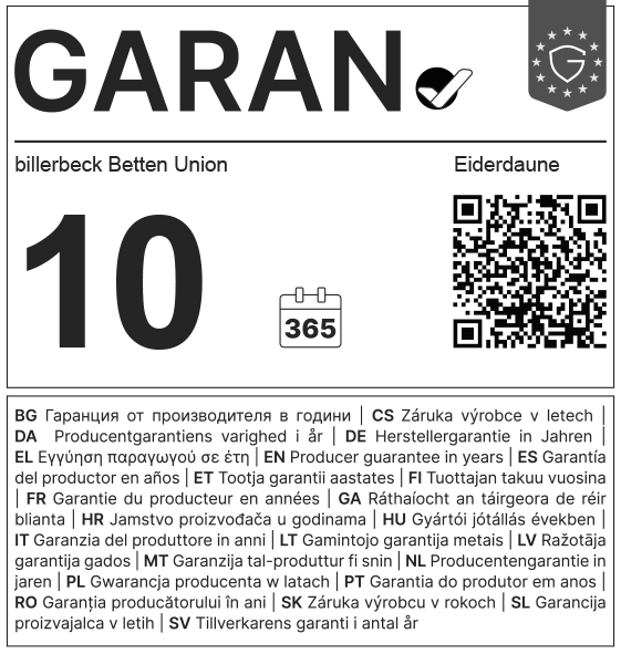 billerbeck GARAN Label EU Eiderdown No. 1 – Champagne 10-year manufacturer’s guarantee