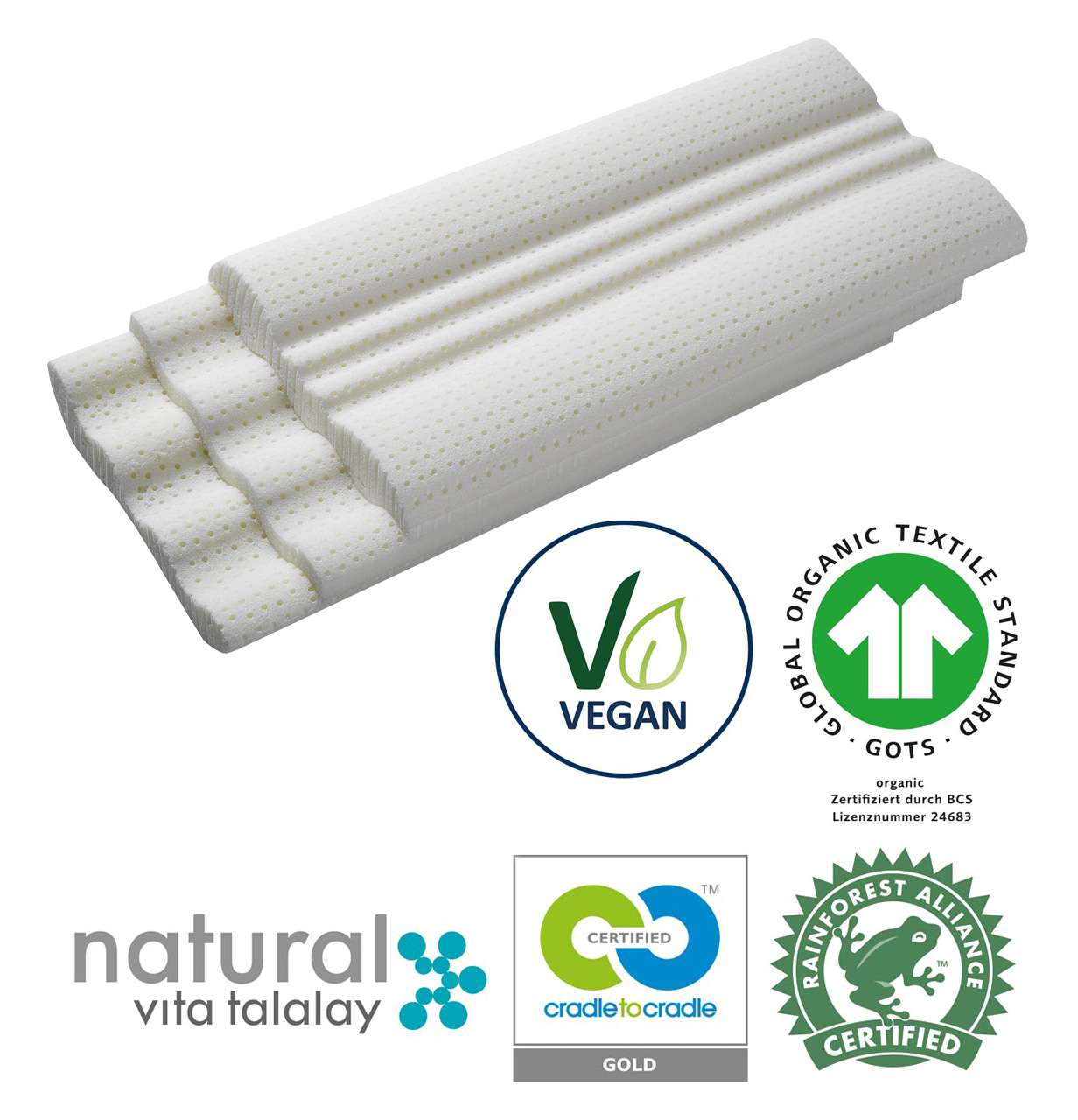 Vegan 3-layer core made of natural latex of the billerbeck Cosisoft neck support pillow, gots certified, Rainforest Alliance