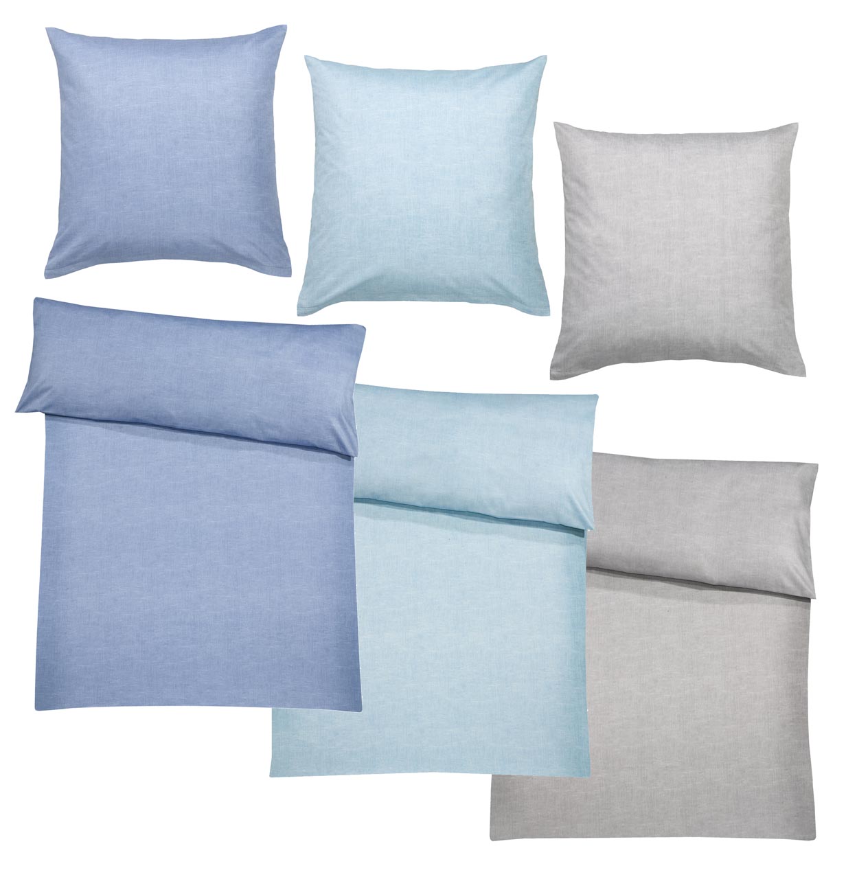 billerbeck bed linen Hermine in color jeans, aqua and silver, one pillow and one duvet each