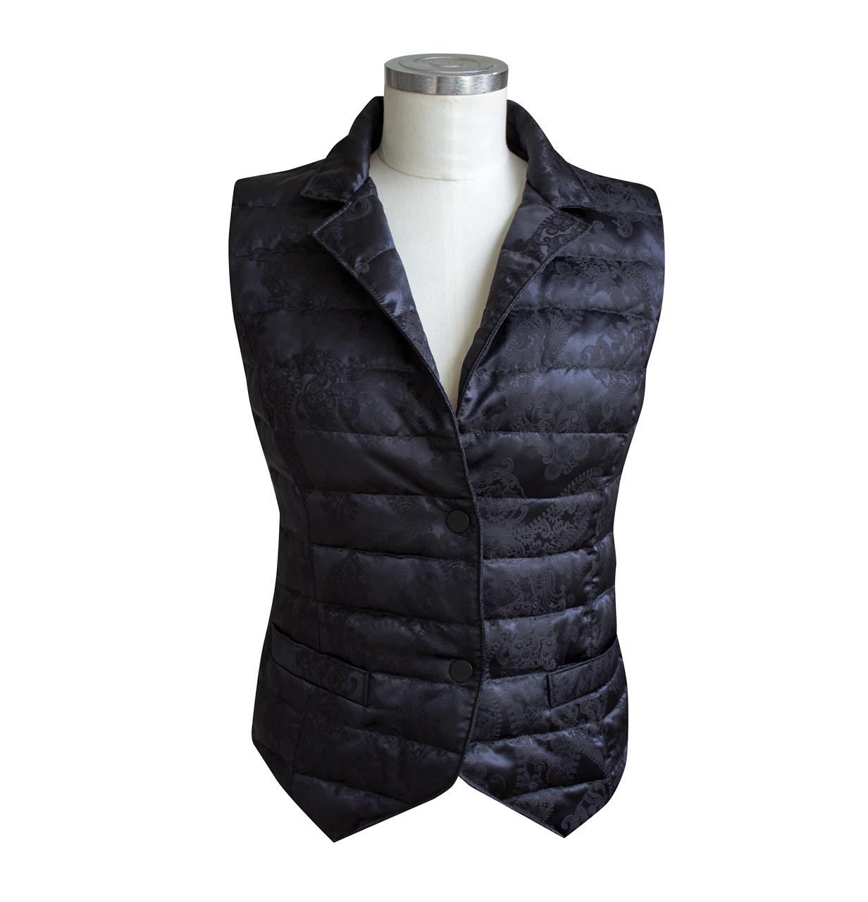 Front view of the billerbeck down vest for women with 100 % silk in black