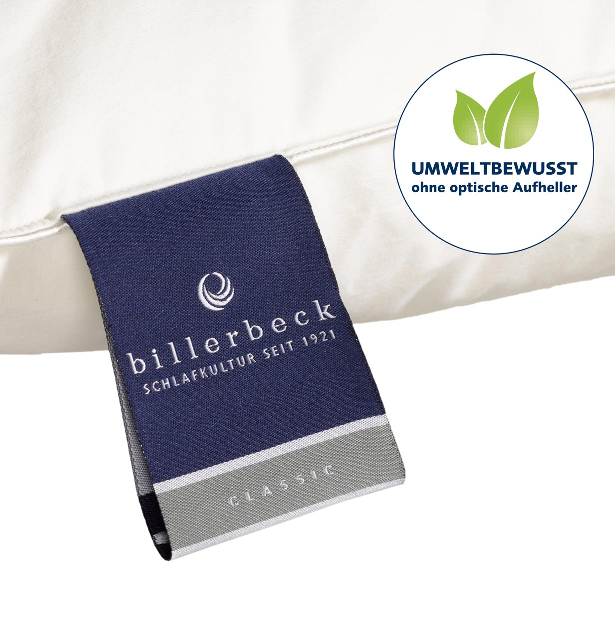 Down pillow NENA® 3-chamber pillow Close-up of the Nena 40x80 cm pillow label billerbeck with eco-conscious logo