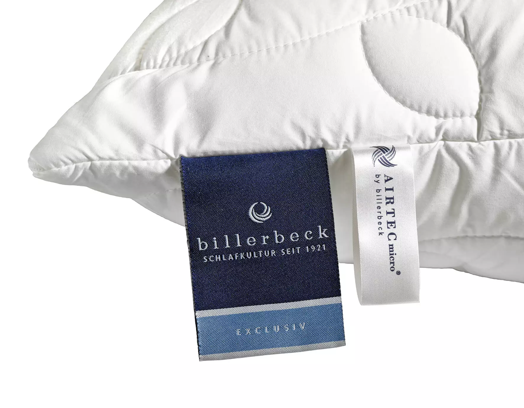 Detailansicht Etikett Belair Kopfkissen von billerbeck – Qualitätsnachweis auf dem Kissenetikett