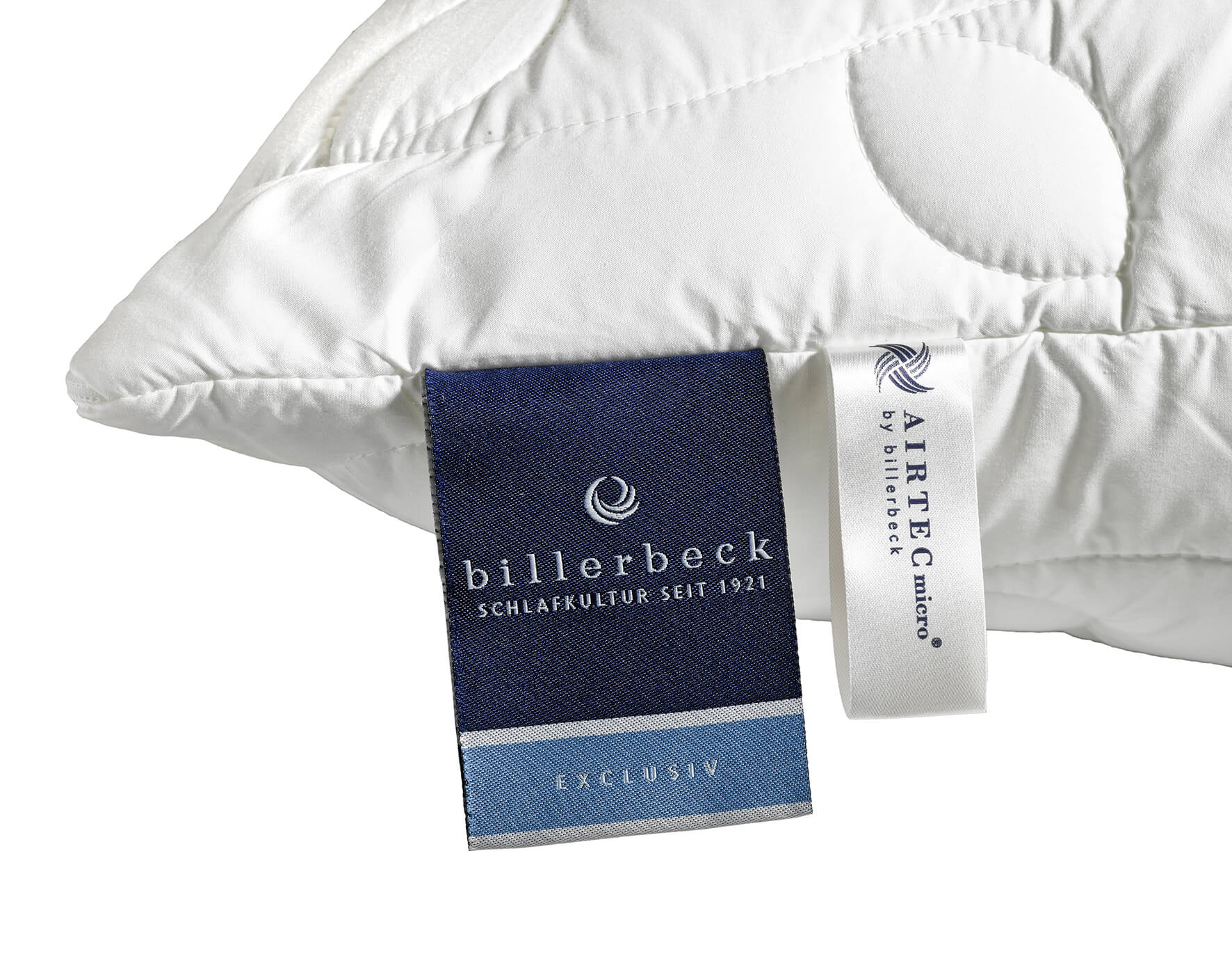 Detailansicht Etikett Belair Kopfkissen von billerbeck – Qualitätsnachweis auf dem Kissenetikett