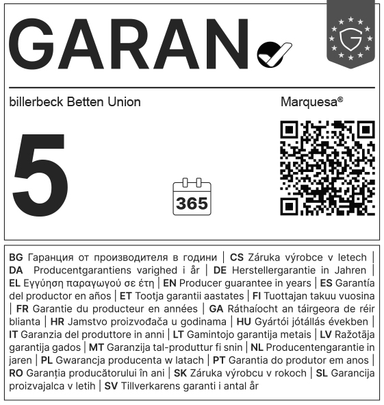 billerbeck GARAN Label-EU Marquesa 5-year manufacturer’s warranty