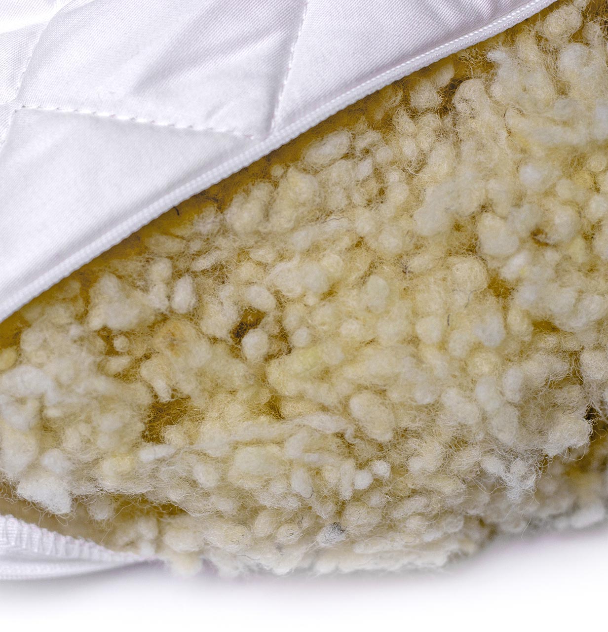 Close-up of the billerbeck Lindflocks pillow filling made of virgin sheep's wool in the pillowcase