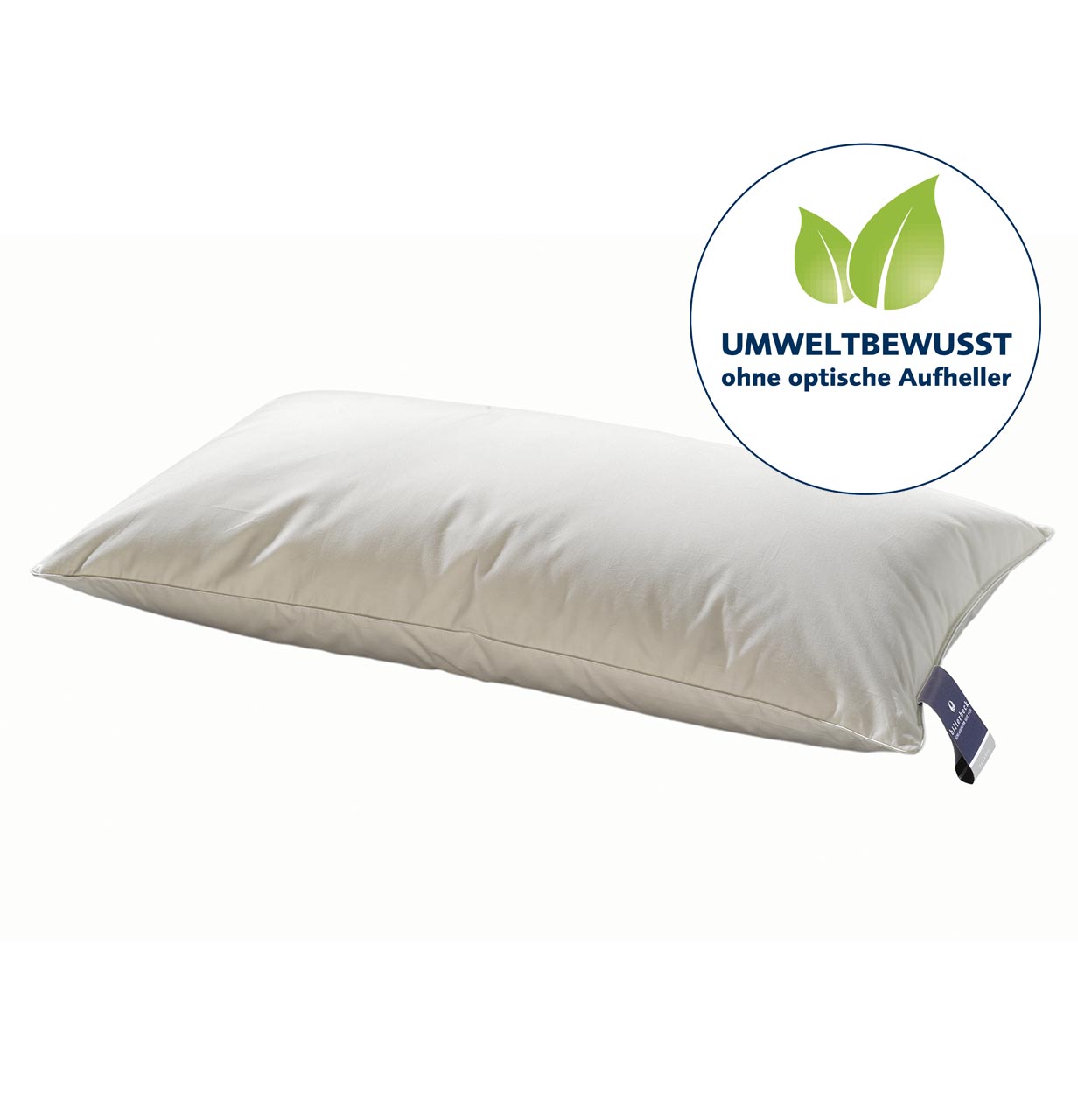 billerbeck Nena down pillow 60x80 cm side view with eco-conscious logo