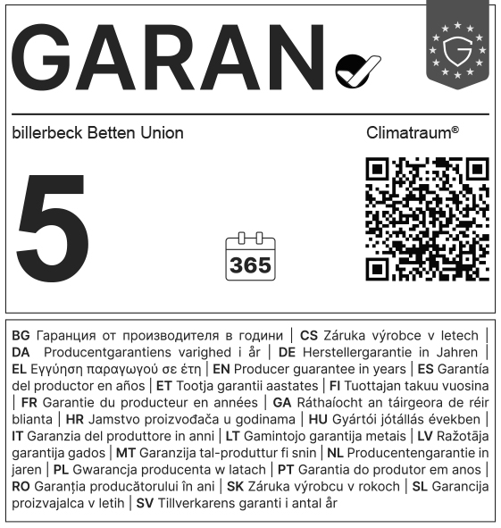 billerbeck GARAN Label-EU Climatraum 5 Jahre Herstellergarantie