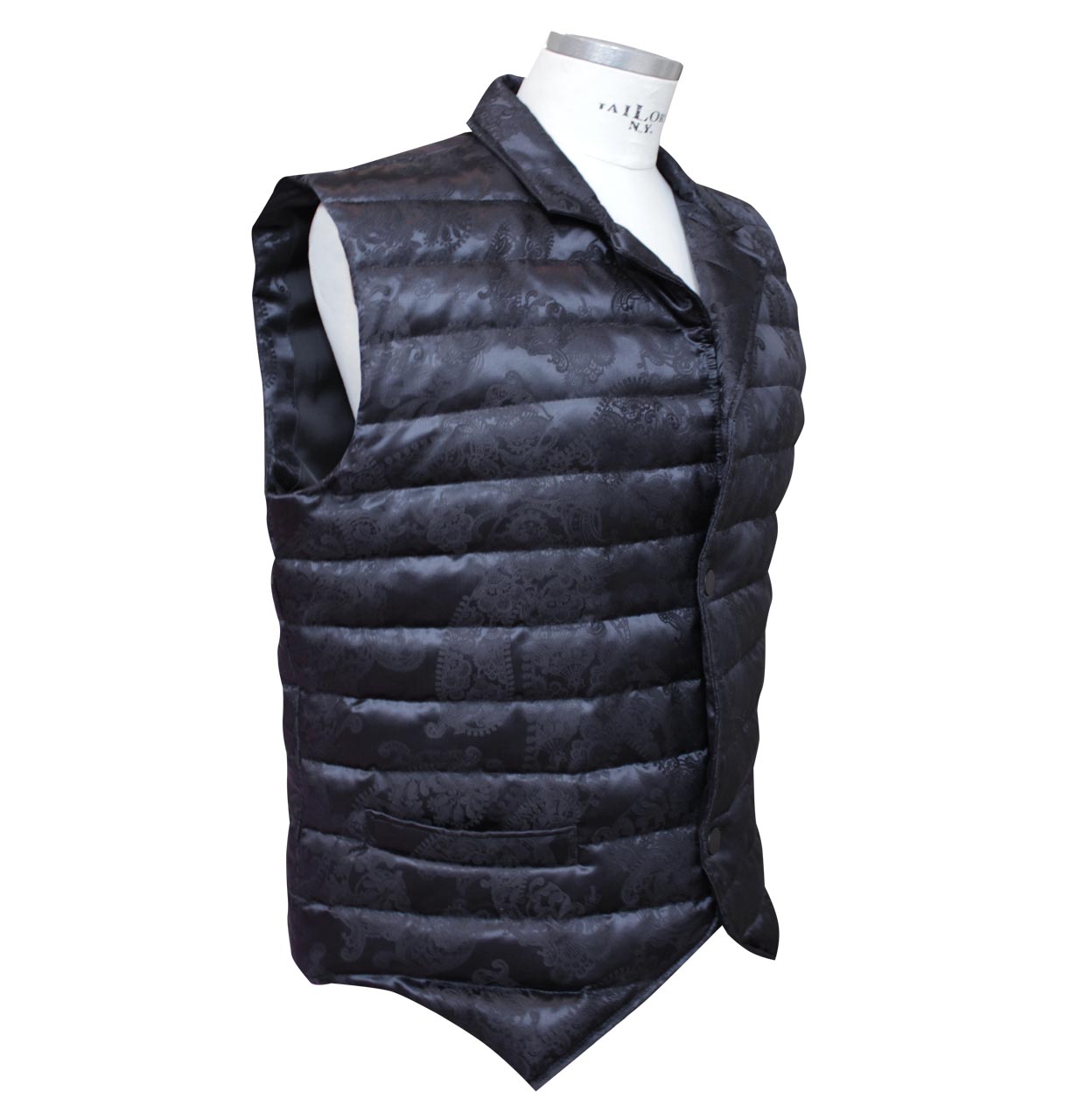 Side view of the billerbeck men's down vest with 100% silk in black