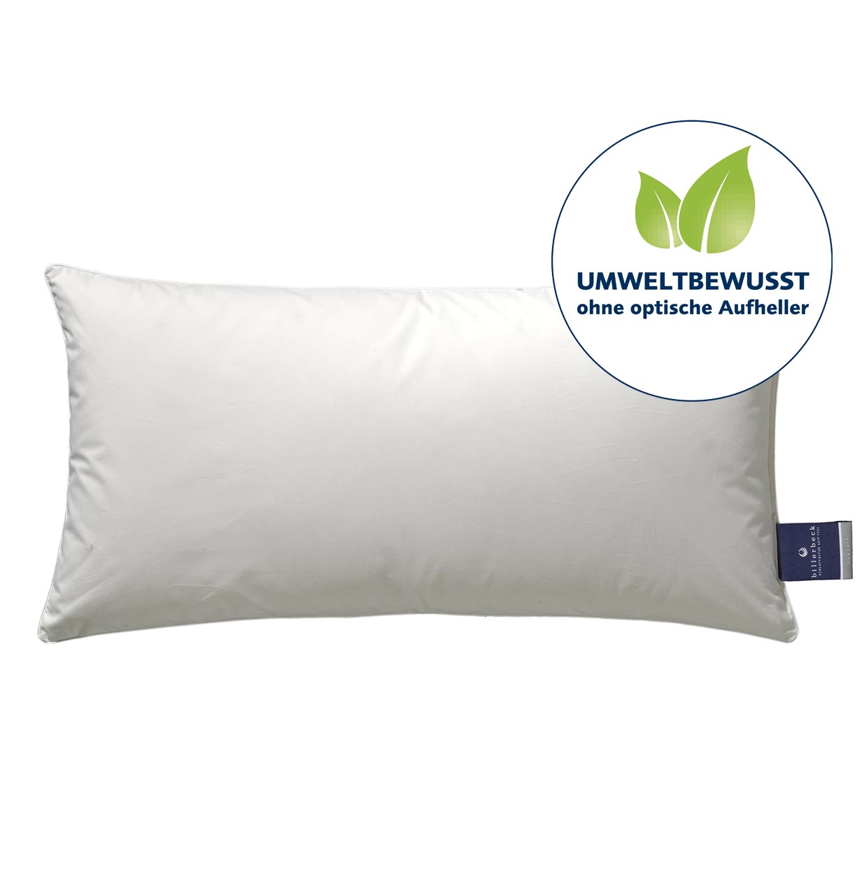 billerbeck Rectangular Nena down pillow 40x80 cm in front view with eco-conscious logo